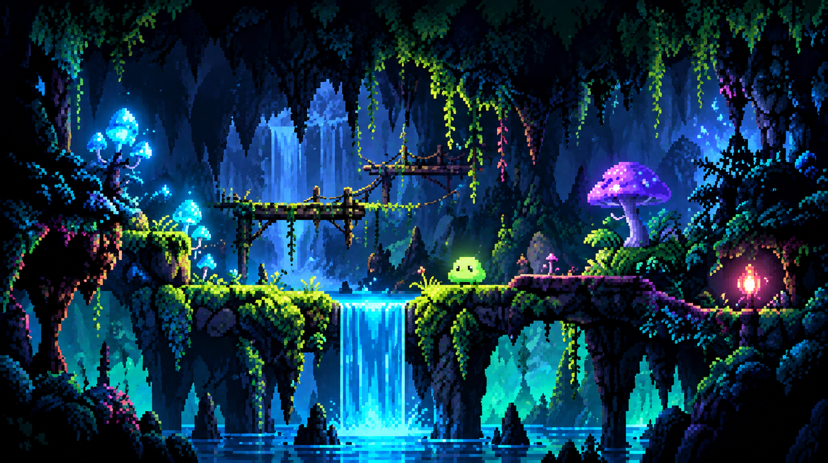 Illustrierte leuchtende Lush Cave mit Ranken und Wasserfällen