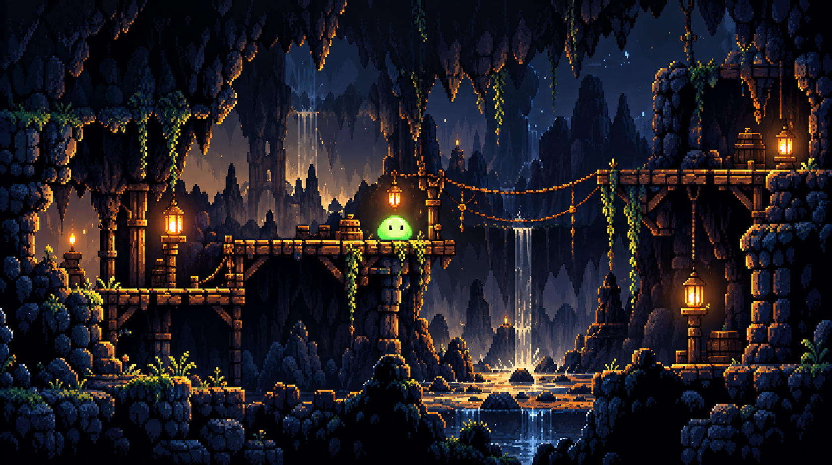 Illustriertes Stone-Cave-Artwork mit Joey auf einer Brücke