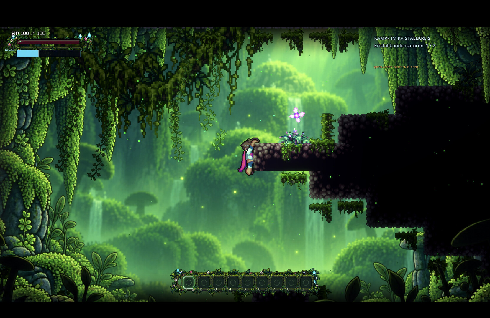Platforming in der Lush Cave zwischen hängenden Pflanzen